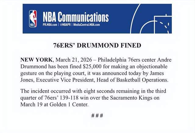 76人中锋射击庆祝被罚25000美元 魔术后卫扔牙套遭