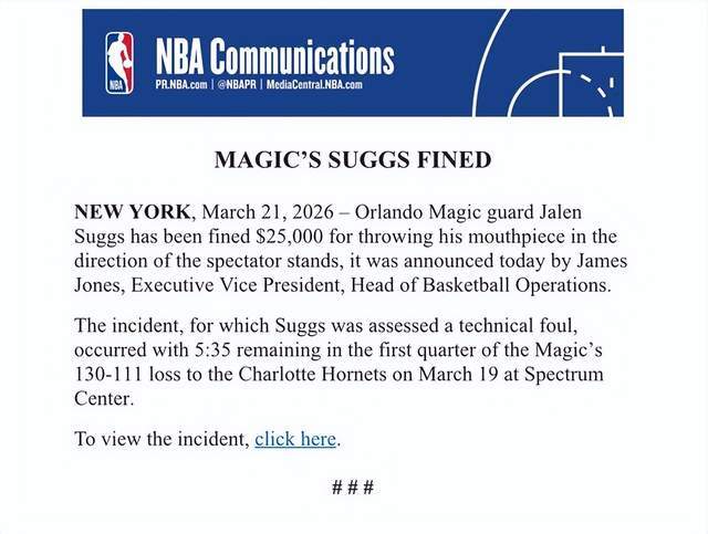 76人中锋射击庆祝被罚25000美元 魔术后卫扔牙套遭